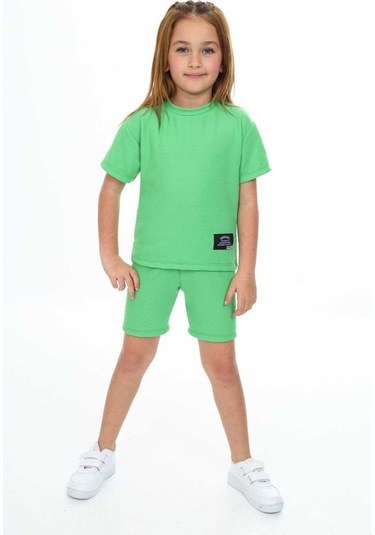 Bisiklet Yaka Şortlu Kız Çocuk Şortlu Takım Yeşil