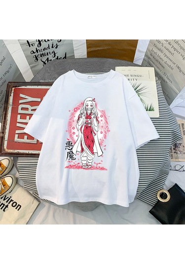 Beyaz Japon Animesi İblis Avcısı T Shirt Erkekler Kawaii Kimetsu Hiçbir Yaiba Grafik Tees Tanjirou Kamado Unisex Üstleri Komik Tişört Beyaz