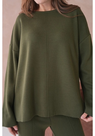 Kadın Bisiklet Yaka Düşük Kol Kazak Pantolon İkili Triko Takım Haki