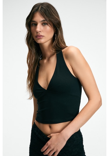 Grimelange MORIENNE Kadın Halter Yaka Kalın Askılı Sırtı Açık Crop Siyah Bluz