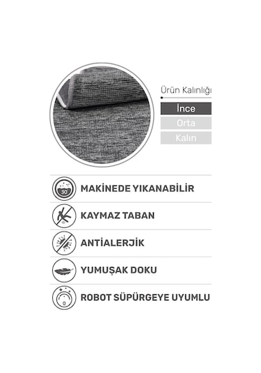 Azra Antrasit Kaymaz Taban Halı – Salon, Çocuk Odası ve Mutfak için Yıkanabilir, Yumuşak Kilim