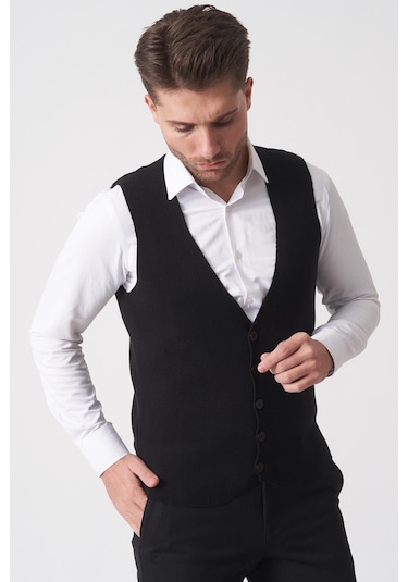 White Stone Campinas 202438 Slim Fit Pamuklu Yelek Triko Siyah Siyah