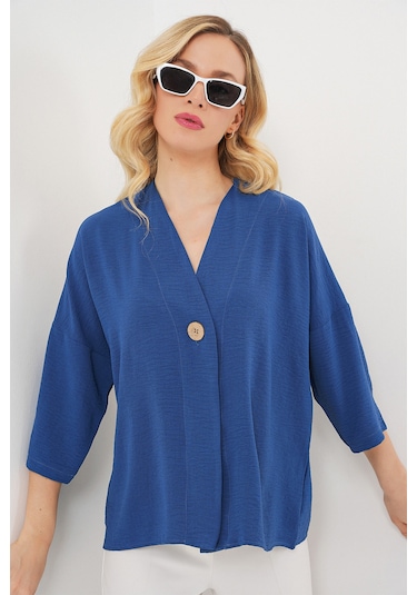 Bigdart Kadın Kısa Kol Oversize Kimono 5969 - İndigo