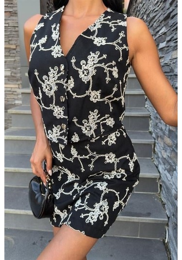 Nakışlı Yelek Şort Etekli Keten Takım 10226-08 Si Yah