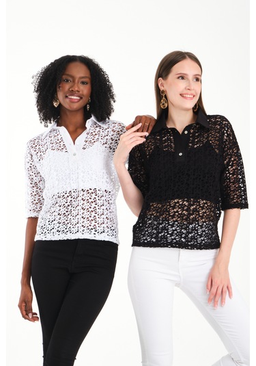 Polo Yaka Dantel Gömlek Beyaz