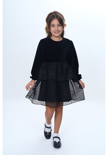 Toontoy Kız Çocuk Kadife Kat Kat Fırfır Detaylı Elbise Siyah