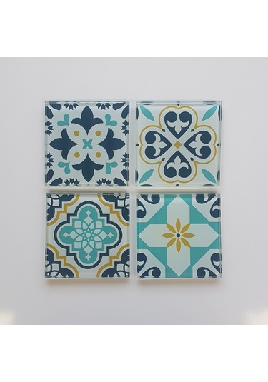 Decorita Cam Bardak Altlığı|Modern Çini Desen|4'lüTakım|10cmx10cm Çok Renkli