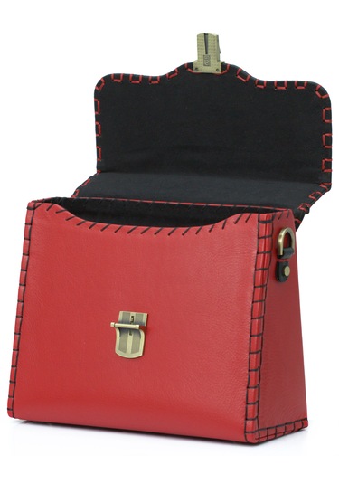 Abess Çanta , Lüks El Yapımı Gerçek Deri Kadın Çantası , Kırmızı Kırmızı - Siyah