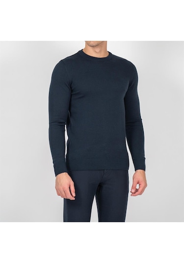 Erkek Bisiklet Yaka Triko Slim Fit Pamuklu Kazak Ncs Jeans 3002-Lacivert