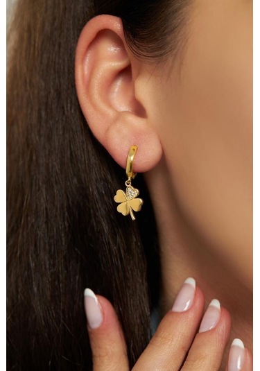 Zirkon Taşlı Gold Dört Yapraklı Yonca Halka Gümüş Küpe