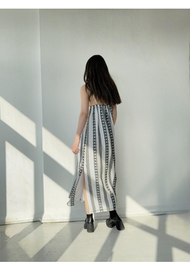 Retrobird Tasarım June Askılı Yırtmaçlı Elbise Kadın Siyah - Beyaz-13908 Siyah - Beyaz