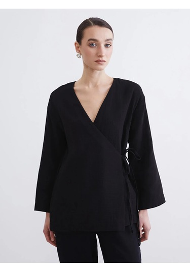 Lc Waikiki Siyah Kruvaze Yaka Kadın Müslin Kimono