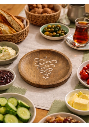 Mango Ahşap Yuvarlak Sunum Tabağı Açık Kahverengi