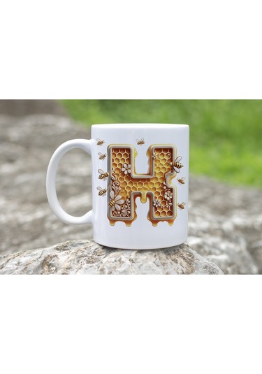 H Harfi Bal Arısı Tasarım Kupa Bardak - Bal Ve Petek Desenli Kişiye Özel Kahve Kupası - Hediyelik Beyaz