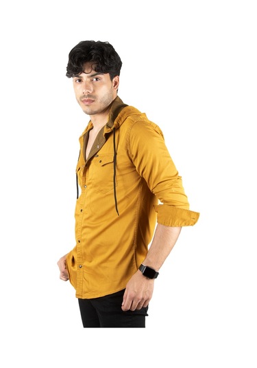 Deepsea Erkek Hardal Sarısı Kapüşonlu Slim Fit Dar Kesim Gömlek Likralı Pamuklu Likralı Kot Gömlek 2300396 Hardal Sarısı