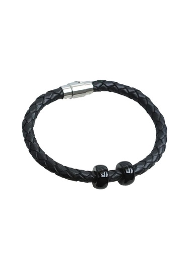 Siyah Halka Deri Çelik Bileklik Siyah