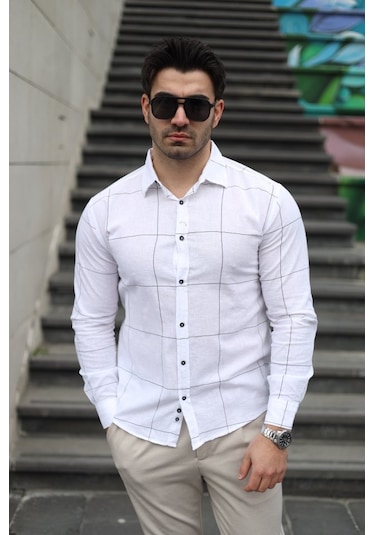 Erkek Pamuklu Keten Kumaş Gömlek Beyaz