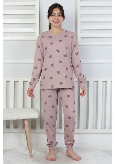Lavanta Renkli Kalp Desenli Kız Çocuk Pijama Takımı Mor