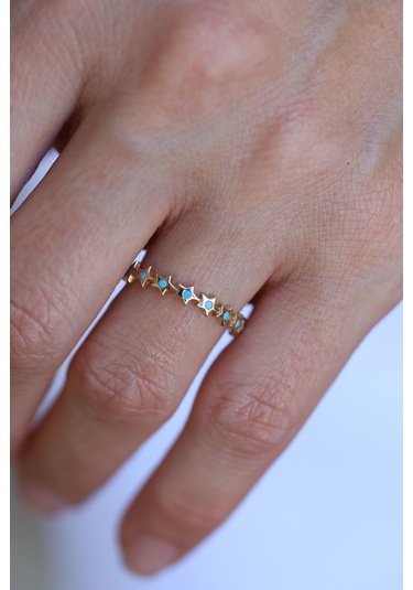 Yenigün Kuyumculuk 14 Ayar Altın Firuze Taş Detaylı Yıldız Dizisi Yüzük Yzk26055