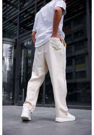 Keten Baggy Bej Renk Erkek Pantolon-1762 Bej