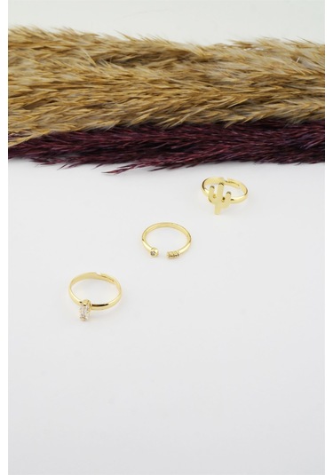 Kadın Özel Tasarım Ayarlanabilir Numarasız Zirkon Taşlı Kaktüs Figürlü 3'lü Kombin Yüzük Seti - Tek Ebat Altın