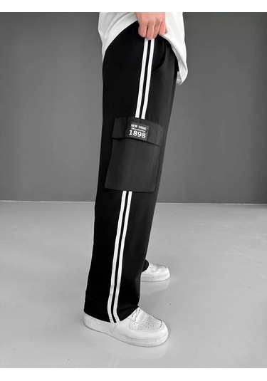 İki İplik Kumaş Kargo Cepli Şeritli Alt Esofman - Siyah Siyah