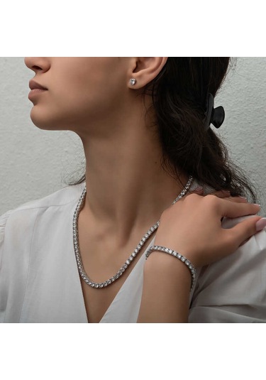 Blackcraft Gümüş 5 Mm Beyaz Taşlı Su Yolu Kadın Set Bc-08fc54 Beyaz