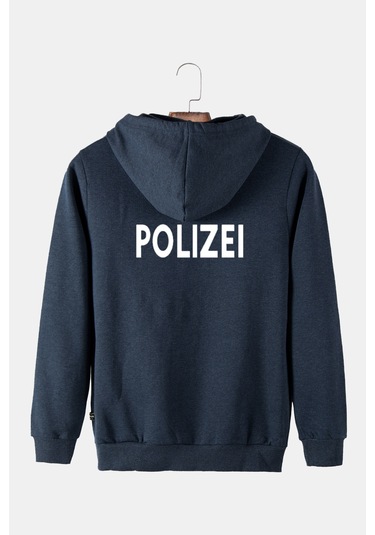 Unisex İndigo Kapüşonlu Arkası Polizei Baskılı Slim Fit Kanguru Cepli Sweatshirt Indigo