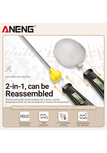Springsun Aneng Htc-6 Dijital Ölçü Kaşığı Ve Mutfak Termometresi - 200g/0.1g Hassasiyet, Lcd Ekran, Cr2032 Pil Pil İle Gönderim , Siyah