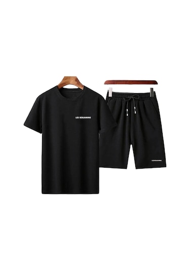 Adrift Unisex Baskılı Bisiklet Yaka Siyah Tişört Ve Siyah Bermuda Şort 2'li Set Alt Üst Siyah