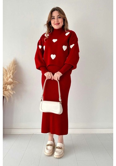 Kırmızı Kalp Kazak Midi Boy Elbise Takım Kırmızı