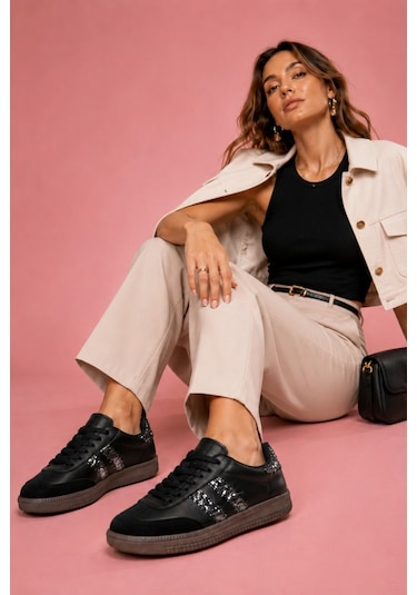 Muggo Sparkly Kadın Sim Detaylı Günlük Sneaker Spor Ayakkabı Siyah