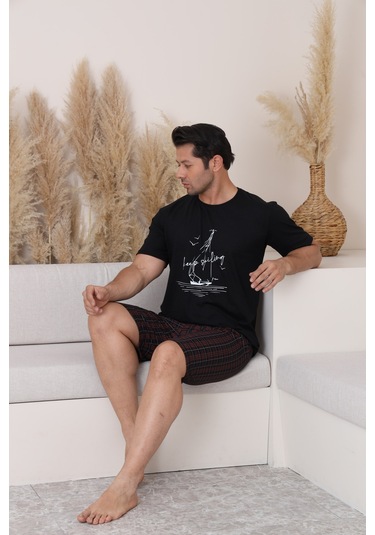 Sleeproom Erkek Rahat Pamuklu Yazlik Penye Siyah Alt Ekoseli Kaprili Pijama Takim Yeni Ürün Siyah