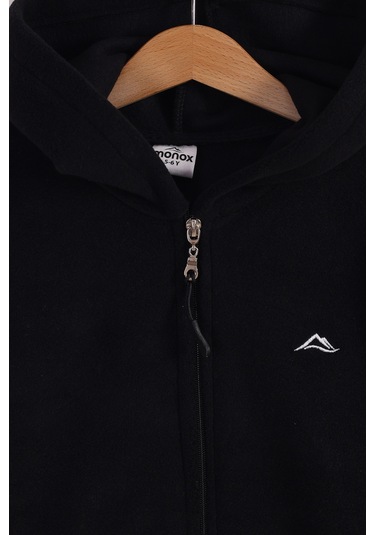 Monox Lastik Manşetli Fermuarlı Kapüşonlu Çocuk Unisex Polar Ceket Siyah