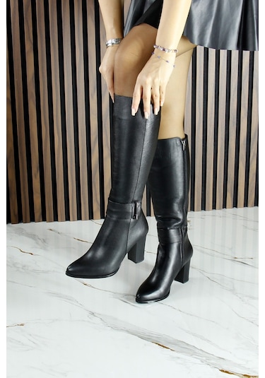 Erkan Saçmacı Siyah Hakiki Dana Derisi Tokalı Fermuarlı Sivri Burun Kalın Topuklu Çizme Siyah