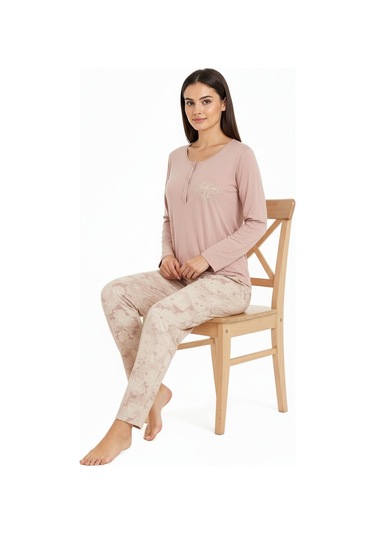 Üstü Yazılı Altı Çiçek Desenli Elite Viscose Uzun Pijama Takımı Pudra 3564 Pembe