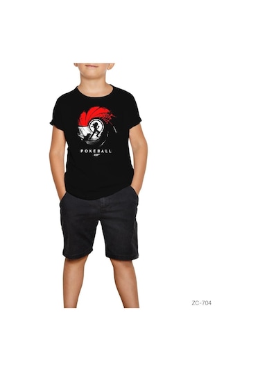 Pokemon Pokeball 007 Siyah Çocuk Tişört Beyaz