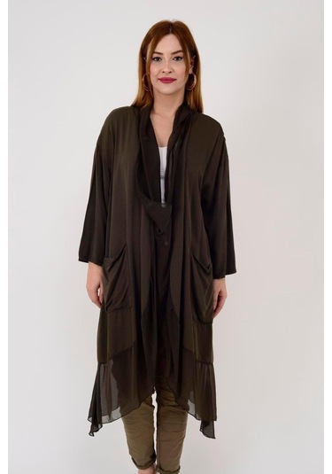Italyan Ipek Detaylı Oversize Kaftan & Bluz-8711 Koyu Kahve