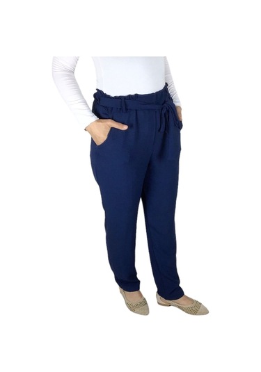 Kadın Beli Lastikli Kuşaklı Cepli Dar Paça Ayrobin Pantolon Lacivert