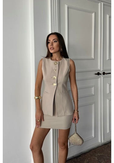 Sensuelle Klasik Gold Düğmeli Yelek - Kısa Etek Takım - Bej Bej