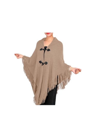 Kadın Moda Sonbahar/kış Kalın Püskül Pelerin Boynuz Toka Düz Renk Pelerin Ceket Haki