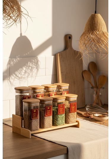 Snippy Lunver - 8'li Ahşap Standlı Vakumlu Etiketli Akrilik Saklama Kabı Baharatlık Seti 350 Ml Ahşap