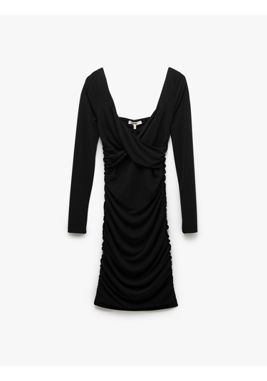 Koton Drapeli Slim Fit Uzun Kollu Mini Kare Yaka Elbise Siyah 5sak80017pk Siyah