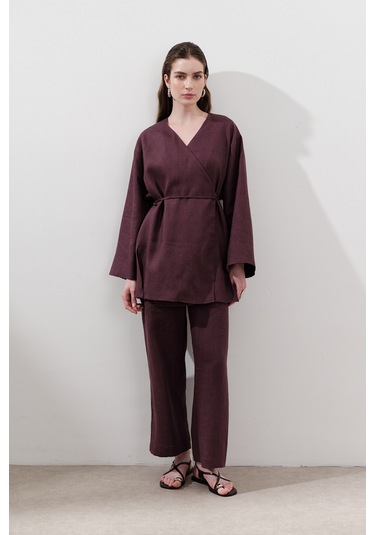 Keten Kruvaze Kapama Kimono Mürdüm Mürdüm