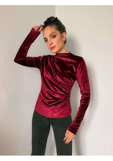 Ali Butik Bordo Balıkçı Yaka Kadife Bluz Bordo