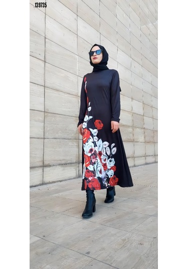 Moda Kadın Tesettür Bisiklet Yaka Çiçekli Uzun Kollu Mikro Midielbise Siyah