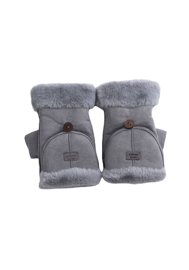 Süet İçi Kadife Sıcak Tutan Yarım Parmak Şık Kadın Eldiven Gri