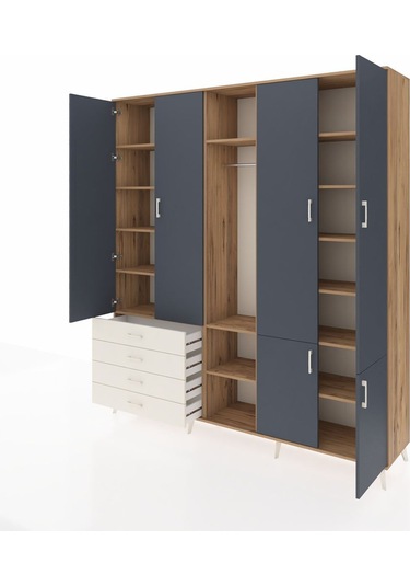 Hyperion Dolap 14 Raflı 4 Çekmeceli Tek Askılı 220x44x243 Çam-antrasit/aytaşı Antrasıt/aytası