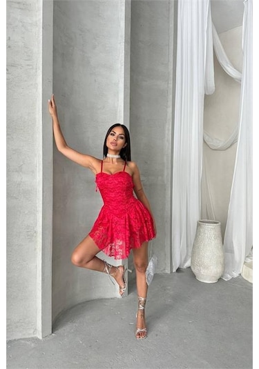 Dip Moda Kadın İçi Şortlu Prenses Mini Elbise Dpnbdf060 Kırmızı