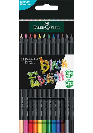 Faber-Castell Black Edition Boya Kalemi, 12 Renk,Siyah Kağıda Uyumlu, Ergonomik Üçgen Gövde